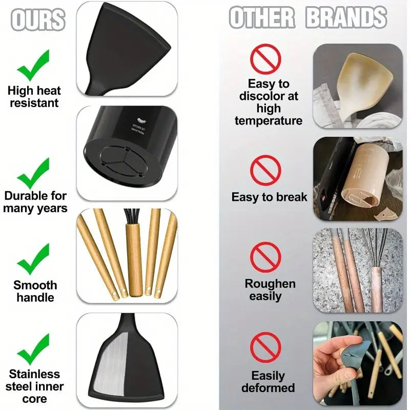 34-Piece Silicone Kitchen Utensil Set with Stand Heat-Resistant Cooking Tools & Spatulas for Non-Stick Cookware Black Wooden-Handle Gadget Set in Black Pink and Red