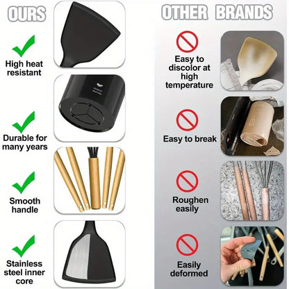 34-Piece Silicone Kitchen Utensil Set with Stand Heat-Resistant Cooking Tools & Spatulas for Non-Stick Cookware Black Wooden-Handle Gadget Set in Black Pink and Red