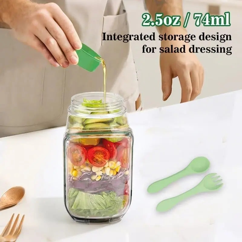 Portable Salad Jar with Side Access Leak-Proof Food Storage Container with Sauce Compartment Lid and Spoon for Outdoor Picnic BBQ for Renters Young Families Home Cooks