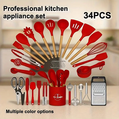 34-Piece Silicone Kitchen Utensil Set with Stand Heat-Resistant Cooking Tools & Spatulas for Non-Stick Cookware Black Wooden-Handle Gadget Set in Black Pink and Red