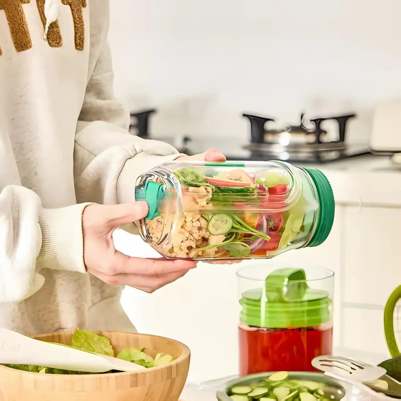 Portable Salad Jar with Side Access Leak-Proof Food Storage Container with Sauce Compartment Lid and Spoon for Outdoor Picnic BBQ for Renters Young Families Home Cooks