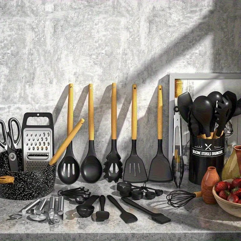 34-Piece Silicone Kitchen Utensil Set with Stand Heat-Resistant Cooking Tools & Spatulas for Non-Stick Cookware Black Wooden-Handle Gadget Set in Black Pink and Red