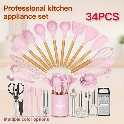34-Piece Silicone Kitchen Utensil Set with Stand Heat-Resistant Cooking Tools & Spatulas for Non-Stick Cookware Black Wooden-Handle Gadget Set in Black Pink and Red