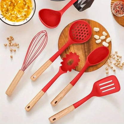 34-Piece Silicone Kitchen Utensil Set with Stand Heat-Resistant Cooking Tools & Spatulas for Non-Stick Cookware Black Wooden-Handle Gadget Set in Black Pink and Red