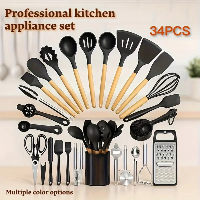 34-Piece Silicone Kitchen Utensil Set with Stand Heat-Resistant Cooking Tools & Spatulas for Non-Stick Cookware Black Wooden-Handle Gadget Set in Black Pink and Red