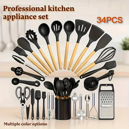 34-Piece Silicone Kitchen Utensil Set with Stand Heat-Resistant Cooking Tools & Spatulas for Non-Stick Cookware Black Wooden-Handle Gadget Set in Black Pink and Red