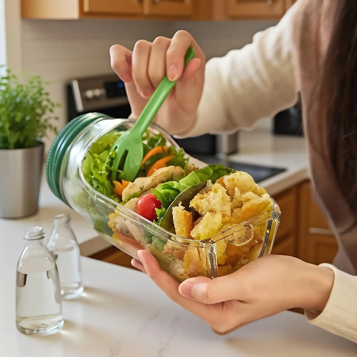 Portable Salad Jar with Side Access Leak-Proof Food Storage Container with Sauce Compartment Lid and Spoon for Outdoor Picnic BBQ for Renters Young Families Home Cooks