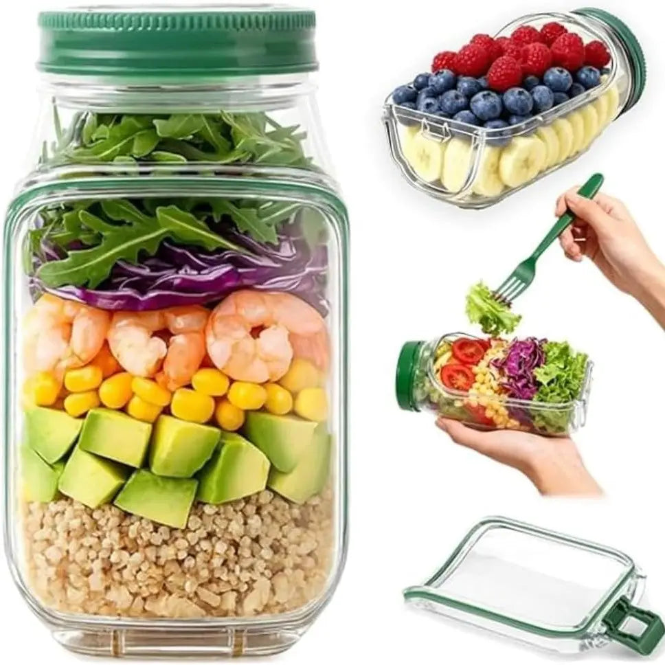 Portable Salad Jar with Side Access Leak-Proof Food Storage Container with Sauce Compartment Lid and Spoon for Outdoor Picnic BBQ for Renters Young Families Home Cooks