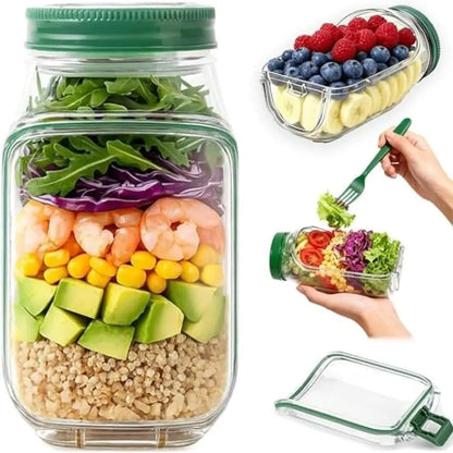 Portable Salad Jar with Side Access Leak-Proof Food Storage Container with Sauce Compartment Lid and Spoon for Outdoor Picnic BBQ for Renters Young Families Home Cooks